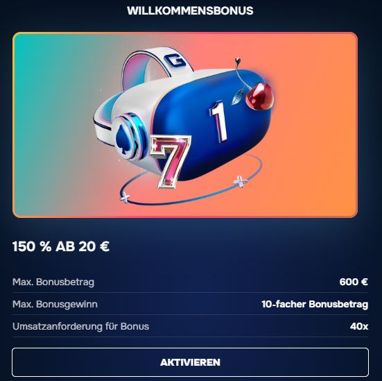 Aktiviere Willkommensbonus ab 20 Euro Einzahlung